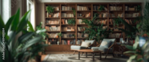 Blurred background of a cozy home library showcasing wooden shelves stocked with a variety of books and green plants for a tranquil reading environment