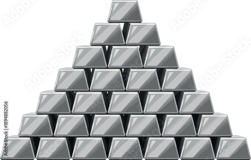 Illustration of silver bars stacked in a pyramid shape, isolated on white background