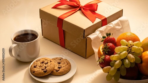 Gift box with coffee cookies and fresh fruits on a table