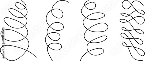 Hand drawn curly line doodle set with playful spiral strokes. Abstract spring shapes create rhythmic motion for backgrounds, illustrations, and creative layouts. Clean black lines add modern flow and 