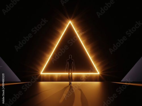 Wallpaper Mural Silhouette Of A Solitary Figure Walking Toward A Glowing Golden Triangle In A Dark Minimalist Space Torontodigital.ca
