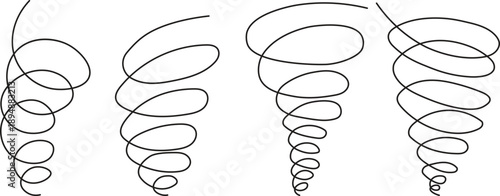 Hand drawn tornado spiral line set with dynamic swirling motion. Abstract vortex shapes suggest wind, energy, and movement for infographics and creative layouts. Clean black line twisters add dramatic