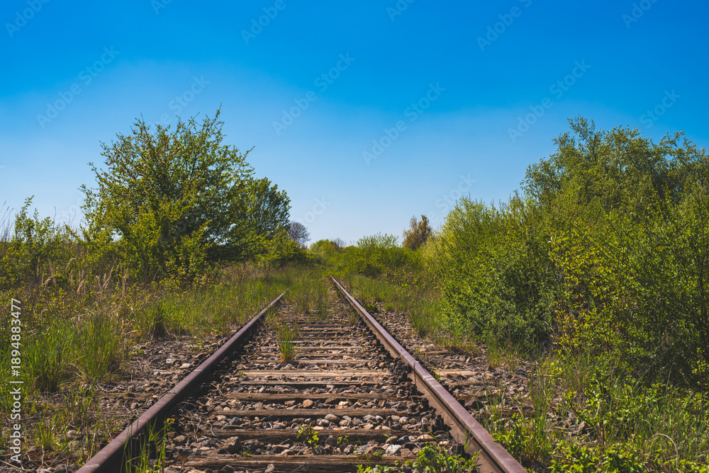 Fototapeta premium Nature Reclaiming Abandoned Railway Tracks in the Austrian Countryside Under a Bright Blue Sky