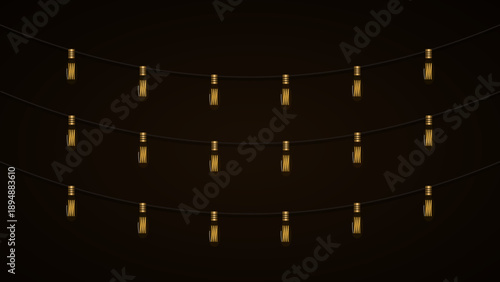 Glowing christmas fairy lights string with golden bulbs isolated on transparent background