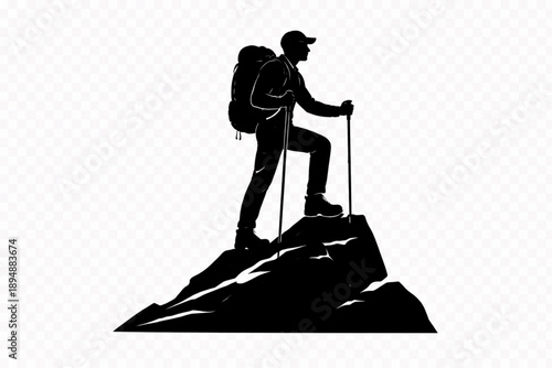 Black Vector Silhouette of Adventurer Reaching the Summit: Hiker Standing Victoriously on a Rocky Mountain Peak with Backpack and Trekking Poles, Symbolizing Success and Outdoor Challenge