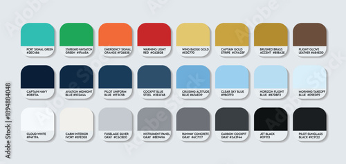 Professional Pilot Color Palette. Aviation Expert Field Colors HEX Codes and Color Names. Aircraft Pilot and Flight Crew Inspired Colors for Modern Aviation Designs. Top Pilot Uniform Cockpit Colors