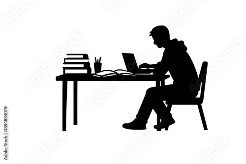 Anonymous Silhouette of a Person Working Late Night at a Desk, Surrounded by Darkness and Focusing on Books or a Computer Screen – Concept of Overworking and Isolation