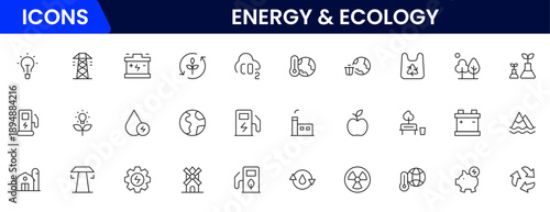 Ecology icons depicting nature, sustainability, environment, recycling, conservation, renewable energy, wildlife, green technology, climate, earth, plants, ecosystem, biodiversity, preservation, and e