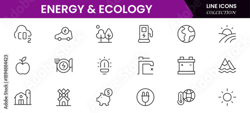 Ecology icons depicting nature, sustainability, environment, recycling, conservation, renewable energy, wildlife, green technology, climate, earth, plants, ecosystem, biodiversity, preservation, and e