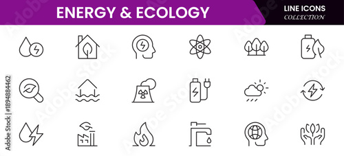 Ecology icons depicting nature, sustainability, environment, recycling, conservation, renewable energy, wildlife, green technology, climate, earth, plants, ecosystem, biodiversity, preservation, and e