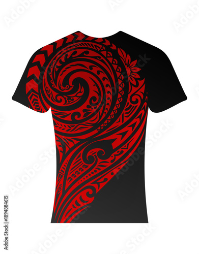 Black T-Shirt with Red Polynesian Tribal Art Print, Tribal Style Jersey, Dress, T Shirt Texture.