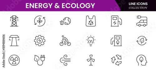 Ecology icons depicting nature, sustainability, environment, recycling, conservation, renewable energy, wildlife, green technology, climate, earth, plants, ecosystem, biodiversity, preservation, and e