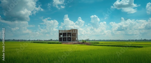 The village's green rice fields are the current site for building new structures