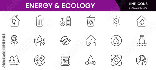 Ecology icons depicting nature, sustainability, environment, recycling, conservation, renewable energy, wildlife, green technology, climate, earth, plants, ecosystem, biodiversity, preservation, and e