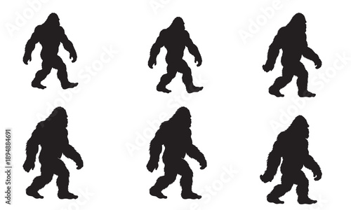 Collection of six walking Bigfoot or Sasquatch silhouettes on white.