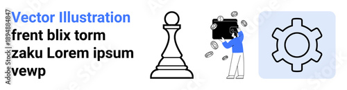 Chess pawn signifying strategy, person photographing coins representing creativity and value, gear representing functionality. Ideal for strategy, creativity, photography, business, finance