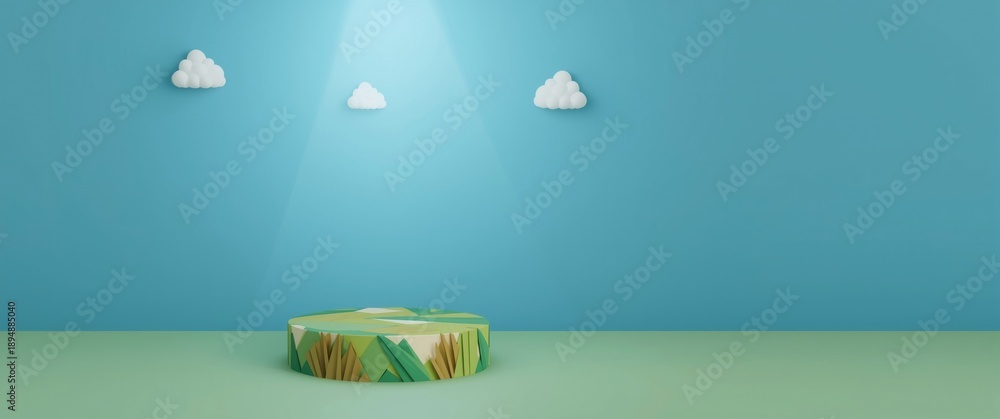 Fototapeta premium Children's products displayed on a geometric 3D nature-themed podium with a blue backdrop