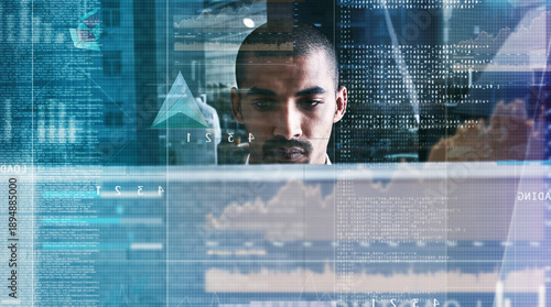 Φωτογραφία Hologram, data and man with coding in office with software script, system update and debugging