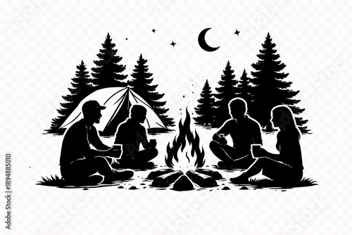 Night Camping Bonfire Silhouette Vector: Group of Friends Sitting Around a Campfire in the Forest with Tent, Pine Trees, and Crescent Moon. Perfect for Outdoor Adventure Graphics and Logos.