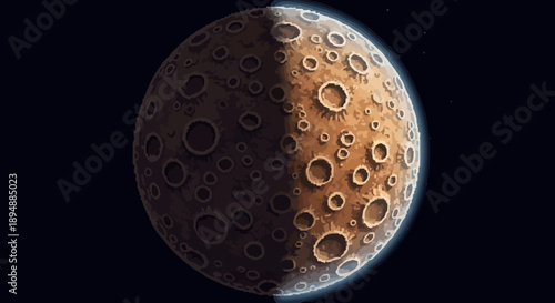 A celestial body with craters is illuminated by the sun's rays from the side in the vastness of space