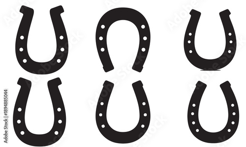 Collection of six black horseshoe silhouettes on a white background.