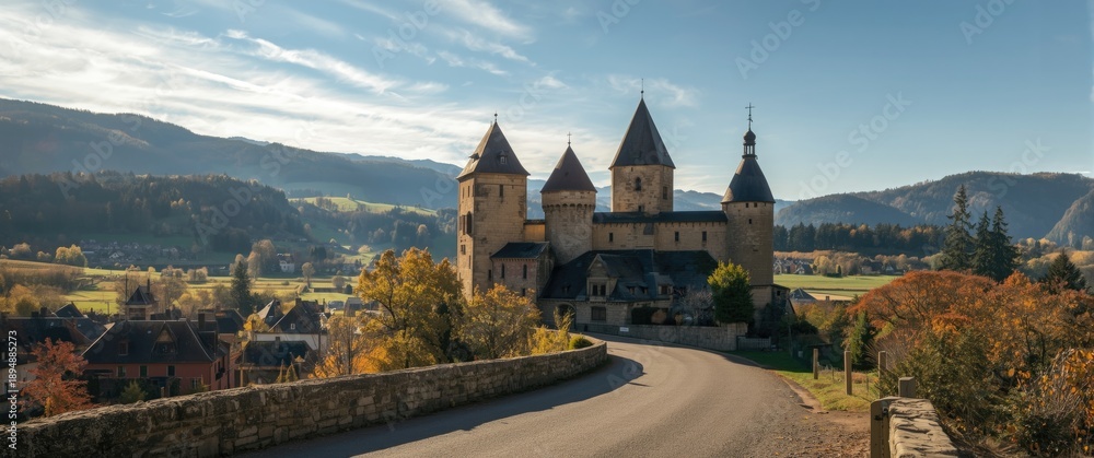 Obraz premium Eguisheim's Three Castles Near Hohlandsbourg Castle in Eastern France: A Travel and Nature Destination Featuring Wine, Cityscapes, Landscapes, Roads, Buildings, Sun, Autumn, and Mountains