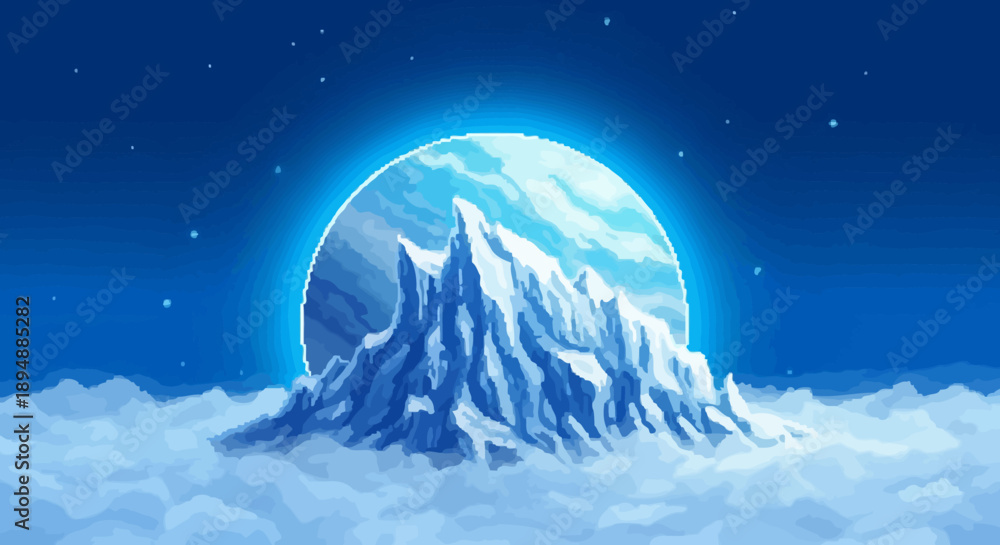 Obraz premium Majestic mountain peak rising above clouds under a full moon in a serene night sky viewed from a distance
