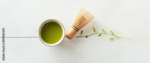 Obraz  z motywem Japanese Matcha green tea with bamboo whisk on white background - powder, food, isolated, vintage, nature
