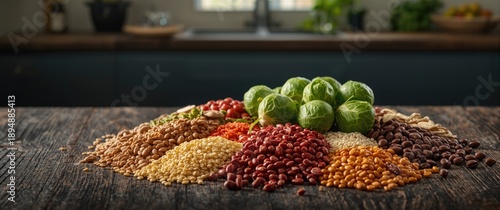 Plant-based protein options such as grains, lentils, beans, nuts, and Brussels sprouts displayed on a dark wooden table