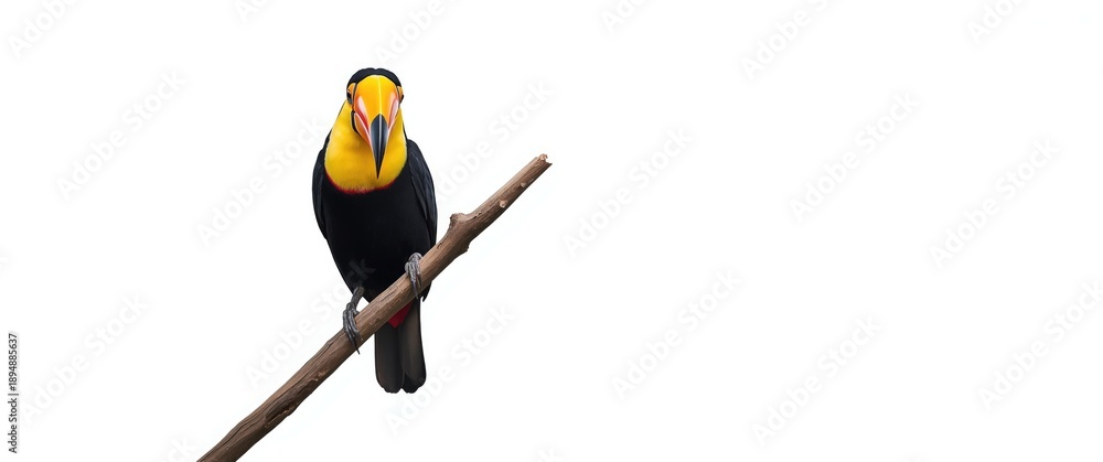 Fototapeta premium Ramphastos toco Toucan sitting on a branch looking directly at you isolated on white