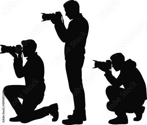 Photographer silhouettes with camera, professional photo shooting poses, creative photography concept, media people working isolated on white background