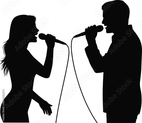 Male and female singer silhouettes performing duet with microphones, live music concert concept, vocal performance flat vector illustration design isolated