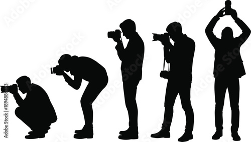 Photographer silhouette set, professional camera shooting poses, black photographer collection isolated on white background flat vector illustration design bundle pack