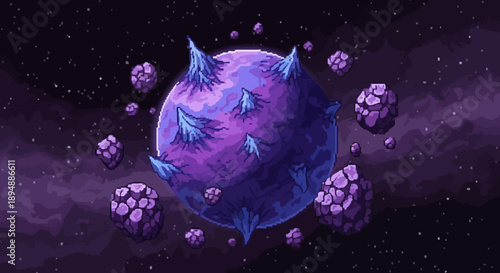 A futuristic planet with spiked surface surrounded by asteroids in deep space viewed from a distant orbit