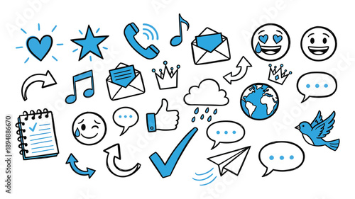 Emoji internet sketch icon set. Internet conversation, media outline tech emoji, star, arrow shape. Hand drawn sketch chat emoticon reaction