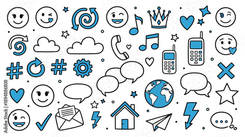 Emoji internet sketch icon set. Internet conversation, media outline tech emoji, star, arrow shape. Hand drawn sketch chat emoticon reaction