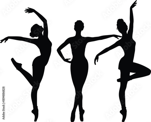 Ballet dancer silhouettes performing graceful poses, classical dance art concept, elegant female performers movement figures isolated on white background