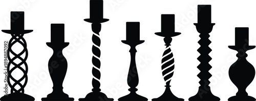 Decorative candle holder silhouettes collection with vintage carved shapes elegant home decor black flat vector illustration isolated set