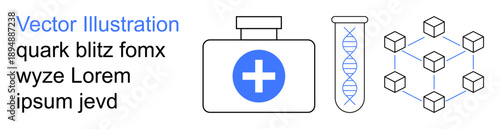 Healthcare, medical research, biotechnology, data science, genetic engineering, pharmaceutical innovation. Cross-labeled medicine bottle, DNA strand data network. Healthcare and biotechnology