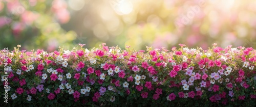 Multi-colored petunia flowers against a bright floral background and Petunia hedge