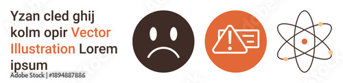 Emotions, alerts, warnings, scientific concepts, educational materials, visual communication. Sad face, warning exclamation and atomic symbol on white background. Emotions and alerts concept