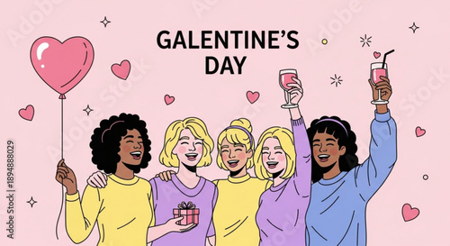 A colorful illustration of four women celebrating Galentine's Day together