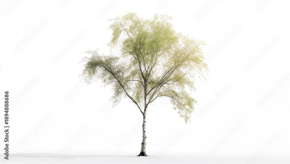 Naklejka premium Silver birch specimen isolated against a plain white backdrop, highlighting bark and foliage details