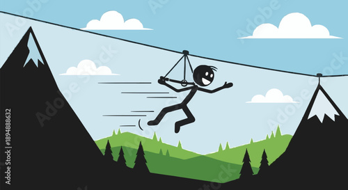Stick Figure Ziplining Adventure High Above Mountains.