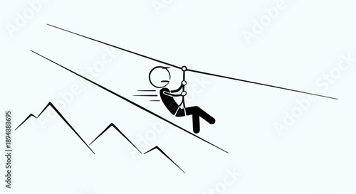 Stick figure ziplining over mountains adventure.