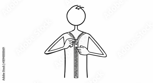 Stick figure zipping up a jacket or shirt.
