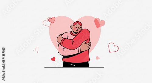 A vector graphic illustration of a man hugging himself in front of a heart