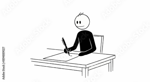 Stick figure writing at a desk with a pen.