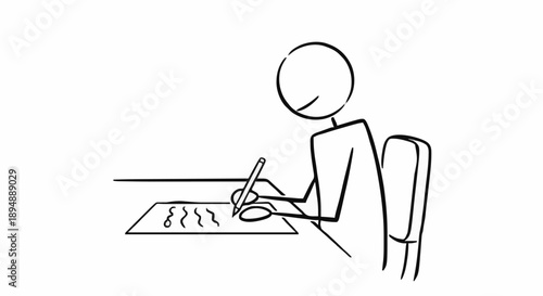 Stick figure writing at a desk with a pen.