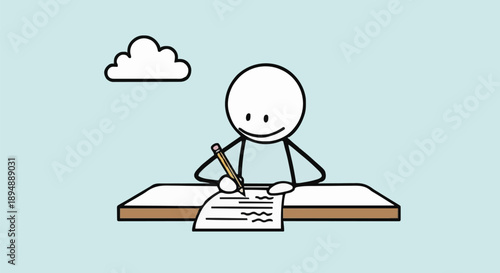 Stick figure writing at a desk with a cloud in the sky.